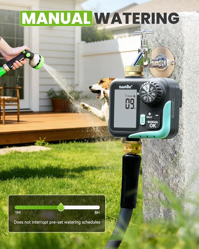 RAINPOINT Sprinkler Timer for Garden Hose - Hose Timer with Cycle & Soak/Rain Delay/Automatic Watering/Manual Watering, Programmable Irrigation System with Large Display, Brass Inlet & Outlet