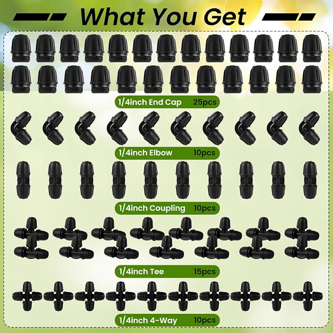 70 Pcs 1/4 Inch Drip Irrigation Fittings Kit,Drip Irrigation Hose Connector for 1/4 Inch Drip Tubing with 25 End Plugs, 15 Tees,10 Straight Couplings,10 Elbows,10 Cross 4-Way Connector