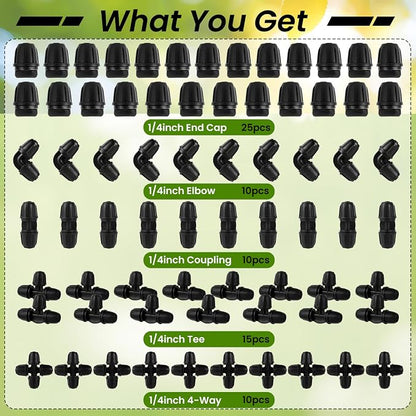 70 Pcs 1/4 Inch Drip Irrigation Fittings Kit,Drip Irrigation Hose Connector for 1/4 Inch Drip Tubing with 25 End Plugs, 15 Tees,10 Straight Couplings,10 Elbows,10 Cross 4-Way Connector