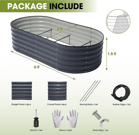 6x3x1.5ft Galvanized Raised Garden Bed Outdoor, 18'' Oval Large Metal Planter Garden Boxes for Gardening, Planting Deep Root Vegetables, Herbs, Fruits, Flower, Rustproof, Rubber Strip, Gray