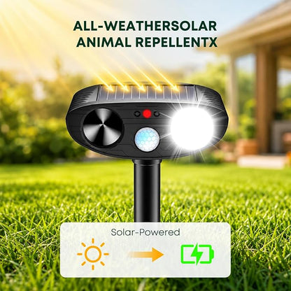 2026 Upgraded Solar Ultrasonic Animal Repeller Outdoor, Sonic Fortress Pro Deer Repellent with Motion, Waterproof,Cat Deterrent for Garden Yard, Squirrel Raccoon Skunk Rabbit Dog Bird (Black, 4)