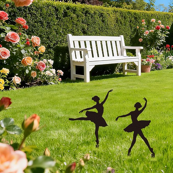 WADORN 2Pcs Ballet Girl Metal Decorative Garden Stakes, Black Ballet Dancer Silhouette Outdoor Statues Rustic Garden Ornament Gifts Yard Art Decoration Stake for Outdoor Backyard Patio Lawn Walkway