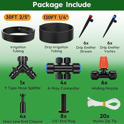 160FT Quick-Connect Drip Irrigation System Kit, Irrigation Kit with Adjustable Nozzles, 30FT 2/5" & 130FT 1/4" Tubing, Automatic Watering System for Garden, Raised Beds, Greenhouse