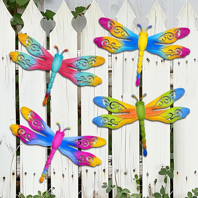 Large Dragonfly Outdoor Decor, 4 Pack 14 inch Metal Dragonfly Wall Art Hanging Sculpture Decorations for Outside, Fence Yard Patio Garden Exterior Door Decor