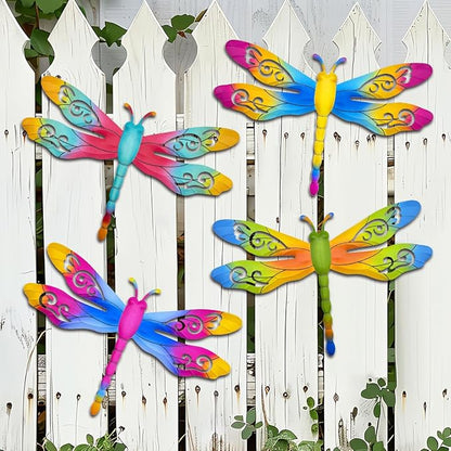Large Dragonfly Outdoor Decor, 4 Pack 14 inch Metal Dragonfly Wall Art Hanging Sculpture Decorations for Outside, Fence Yard Patio Garden Exterior Door Decor