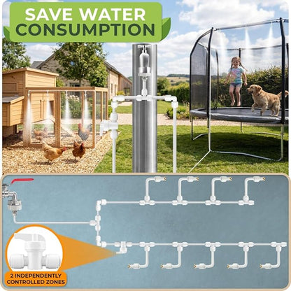 Misting System for Patio, 33 FT Outdoor Misters for Outside Patio Cooling, Fine Mist Mister Kit with Flexible Rod Nozzles, Garden Faucet Setup for Pergola, Garden, Greenhouse, Backyard, White