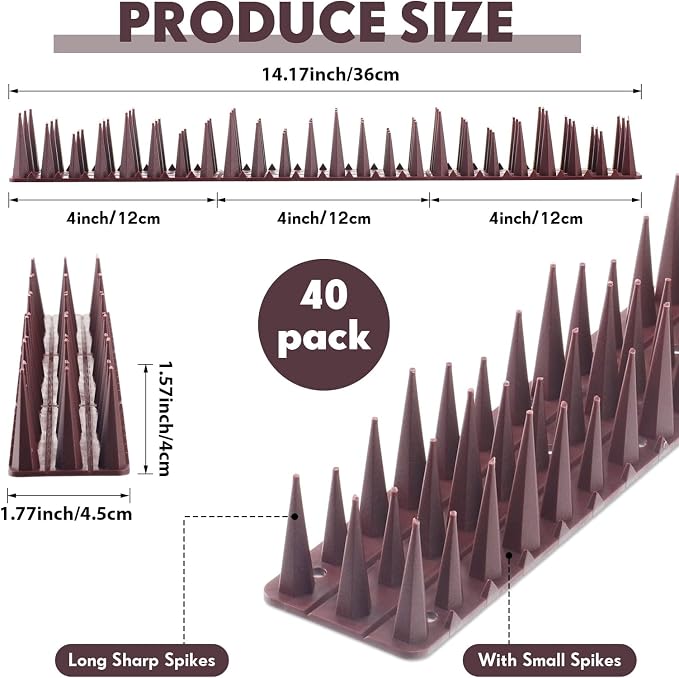 Geetery 40 Pack Bird Spikes for Outside Squirrel Pigeon Spikes Bird Spikes for Cat Animal Outside Plastic Fence Spikes for Garden Wall Railing Roof(Brown)