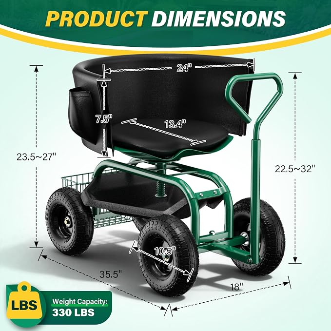 Baotree Garden Seat with Wheels, Rolling Garden Stool with Adjustable 360°Swivel Seat, Storage Basket & Extendable Handle, Outdoor Gardening Scooter, Garden Cart Workseat Stools for Seniors