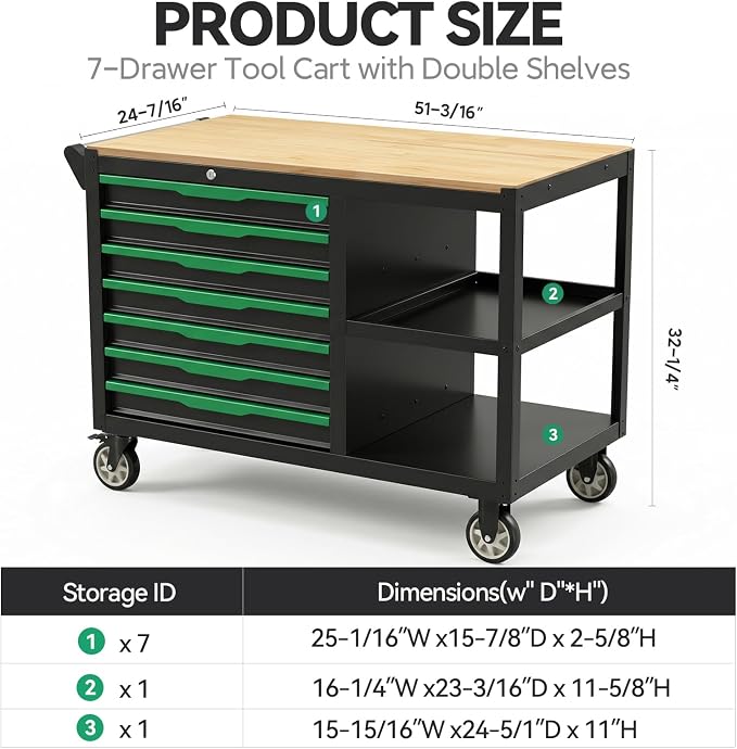 7-Drawers Professional Tool Cart Cabinet,Rolling Tool Chest with Double Shelves,Wood Workbench,Brake Wheels,51.1W x 18.9D x 32.3H inches for Garage, Workshop, or Outdoor Use(7 Drawers)