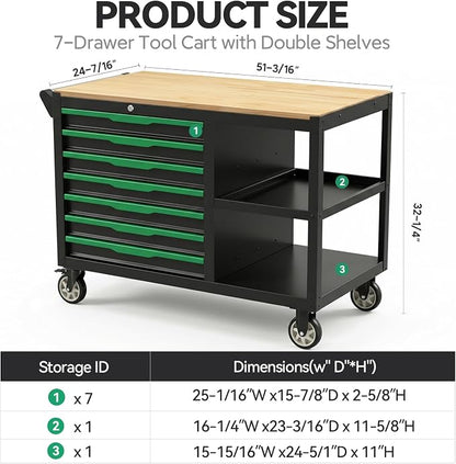 7-Drawers Professional Tool Cart Cabinet,Rolling Tool Chest with Double Shelves,Wood Workbench,Brake Wheels,51.1W x 18.9D x 32.3H inches for Garage, Workshop, or Outdoor Use(7 Drawers)