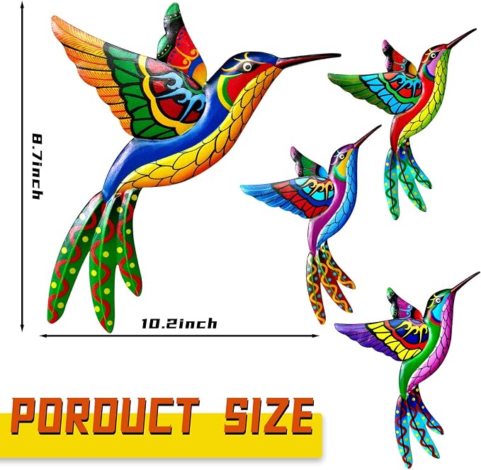 ZYP Metal Outdoor Wall Art Decor,3D Colorful Garden Birds Sculpture Outdoor Iron Hanging Decor Ornaments, Metal Hand-Made Bird Wall Art Decorations for Fence Patio Balcony Living Room,Hummingbird
