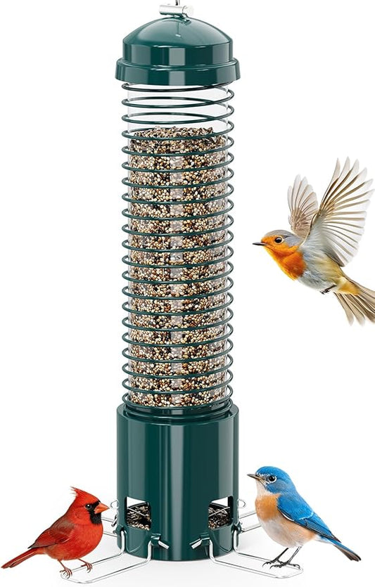 Squirrel Proof Bird Feeder, Metal Bird Feeders for Outdoors Hanging, 3.6LB Large Seeds Capacity for Wild Birds, Finch, Cardinal, Blue Jay, Chickadee, Green