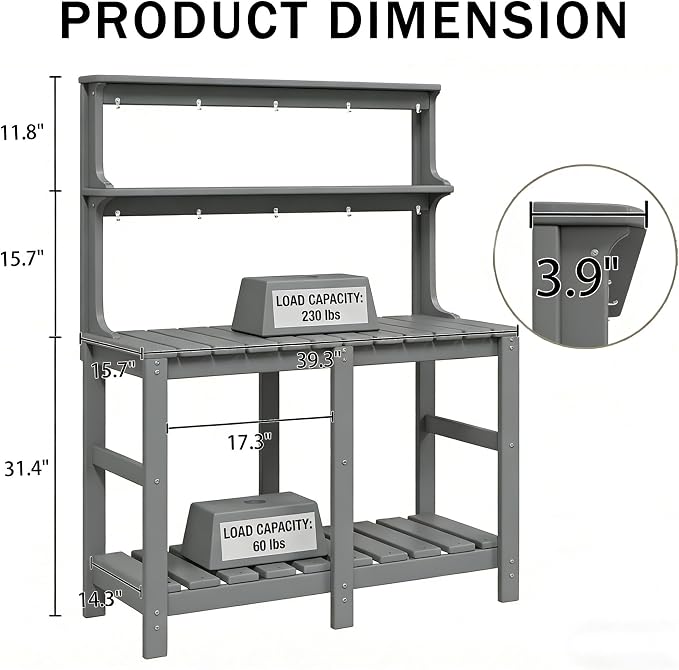 Outdoor Potting Bench with 3 Tier, All-Weather Patio Potting Table with Tool Hooks, HDPE Gardening Table for Backyard, Garden, Grey