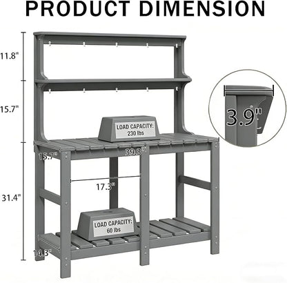 Outdoor Potting Bench with 3 Tier, All-Weather Patio Potting Table with Tool Hooks, HDPE Gardening Table for Backyard, Garden, Grey