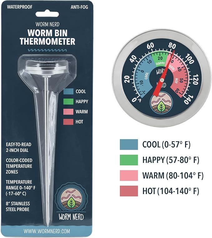 Arcadia Garden Products WN38 Nerd Worm Compost Bin and Garden Soil Thermometer, 8 Stainless Steel Probe with 2-inch Waterproof Anti-Fog Dial, Color-Coded Temperature Zones, Silver