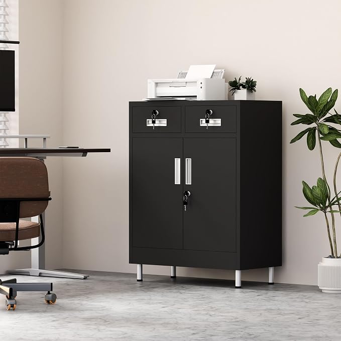 JINGUR Metal Storage Cabinet with Locking Doors and 2 Drawers, Lockable Storage Cabinet with Adjustable Shelf for Home Office Garage Entryway Pantry (Black)