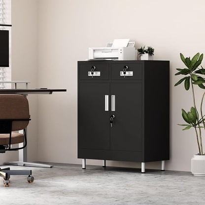 JINGUR Metal Storage Cabinet with Locking Doors and 2 Drawers, Lockable Storage Cabinet with Adjustable Shelf for Home Office Garage Entryway Pantry (Black)