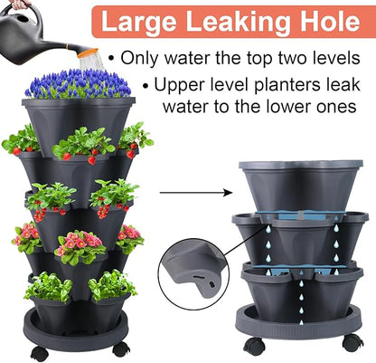 GameXcel Vertical Planter Tower - 5 Tier Stackable Garden Planters with Wheels and Tools Plant Pots for Strawberry Herb Flower and Vegetable Indoor Outdoor Use Dark Gray