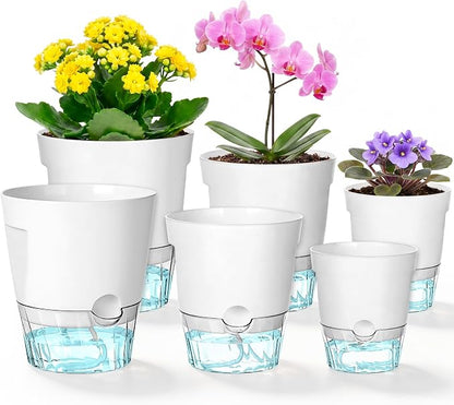 Hayder 5/6/7 Inch Self Watering Pots for Indoor Outdoor Plants 6 Pack, Plastic Planter with Drainage Holes, Water Level Indicator & Deep Clear Reservoir, Modern Decorative Flower Pots