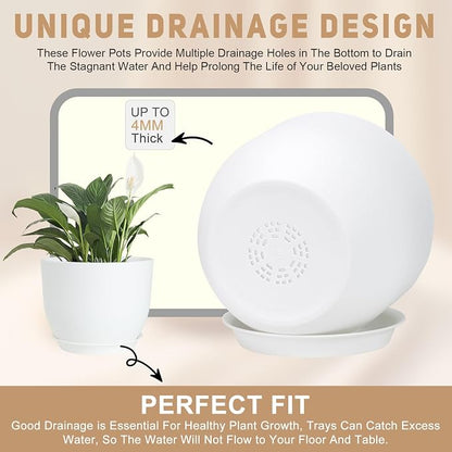 YNNICO Plant Pots 10/9/8/7.5/7 inch Flower Pots with Multi Mesh Drainage Holes, Planters for Indoor Outdoor Garden Plants and Flowers. (White)