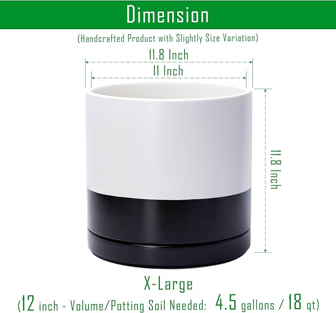 D'vine Dev 12 Inch Ceramic Planter Pot, Black White Two Tone, 94-O-F-L | Modern Cylinder Design, Drainage Hole & Saucer Included, Stable Structure, Elegant Home Accent