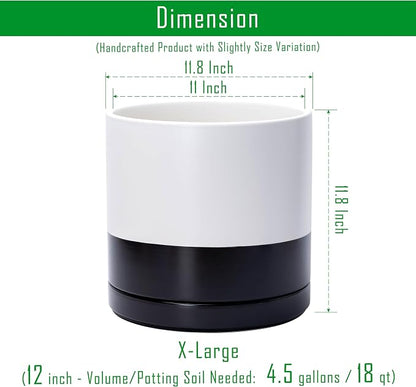 D'vine Dev 12 Inch Ceramic Planter Pot, Black White Two Tone, 94-O-F-L | Modern Cylinder Design, Drainage Hole & Saucer Included, Stable Structure, Elegant Home Accent