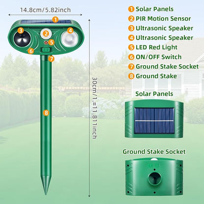 Solar Ultrasonic Animal Repellent Activated Deterrent for Deer | Cat, Squirrel, Raccoon, Rabbit & Bird, Waterproof Outdoor Animal Repeller with LED Strobe for Yard, Garden & Orchard