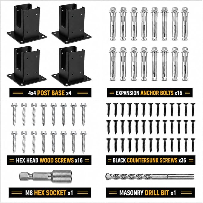 4x4 Post Base Brackets 4PCS - Heavy Duty Powder Coated Steel Post Anchor with 3.6"x3.6" Inner Size for Deck, Pergola, Fence and Mailbox Mount