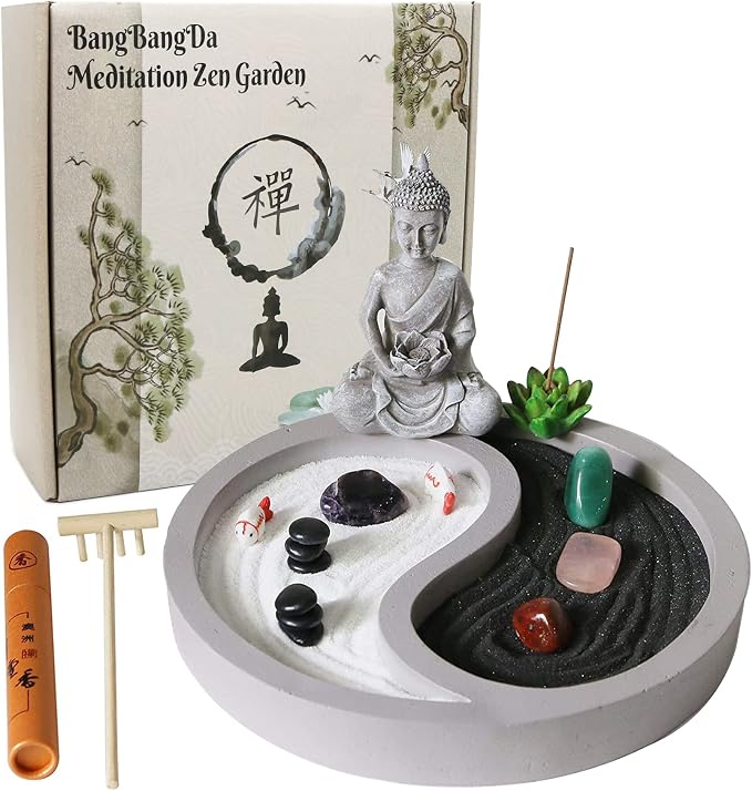 BangBangDa Mini Zen Garden Kit for-Desk - Yin Yang Crystal Sand Rock Garden with Zen Rake Buddha Statue Healing Stones White Sand, Japanese Meditation Gift Set for Home Office Desktop Fidget Toys