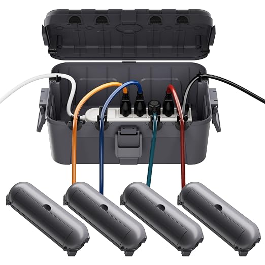 RESTMO 5-Piece Outdoor Waterproof Electrical Box Set – 12.5" x 8.5" x 5" Large & 7.1" x 2.3" x 2.3" Small, Weatherproof Boxes for Power Strip, Outlet, Plug, Socket, Timer, Holiday Light, Gray