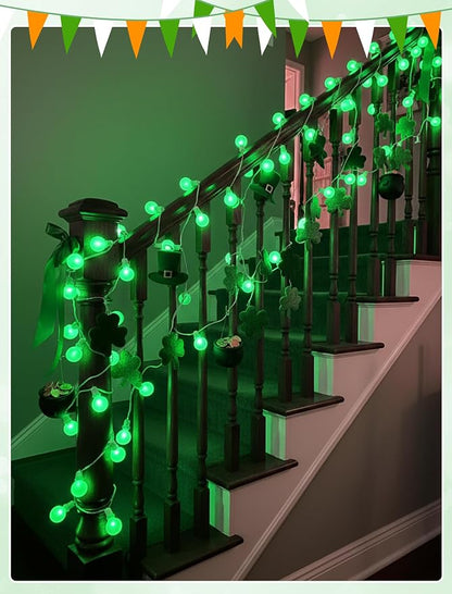 LED St. Patrick's Day String Lights, 25Ft St Patricks Decorations Outdoor | 25+2 G40 Round Bulbs, Connectable, Hanging Patio Lights Shatterproof for Indoor Home Decor Party, White Wire, Ceramic Green