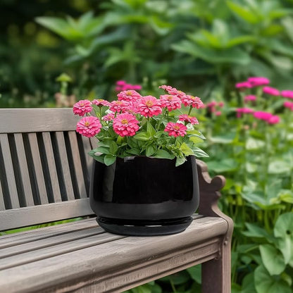 G EPGardening Ceramic Planter 7 Inch - Ceramic Pot for Plants with Drainage and Saucer, Round Plant Pots, Modern Indoor Outdoor Planter, Home Decor, Garden Gifts, Black