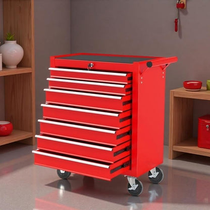 Tool Chest, 7-Drawers Rolling Tool Box with Rotate Handle & Wheels, Lockable Multifunctional Tool Cart, Suitable for Garages, Warehouses, Repair Shops, Capacity 450lbs, Black