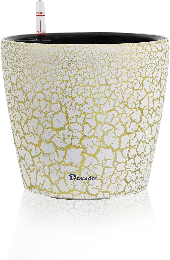 Dexceder 9x8 Self Watering Planter (White Gold Crackle) | Inner Pot Design, Thickened Table Flower Plant Pot with Water Level Indicator Indoor Outdoor