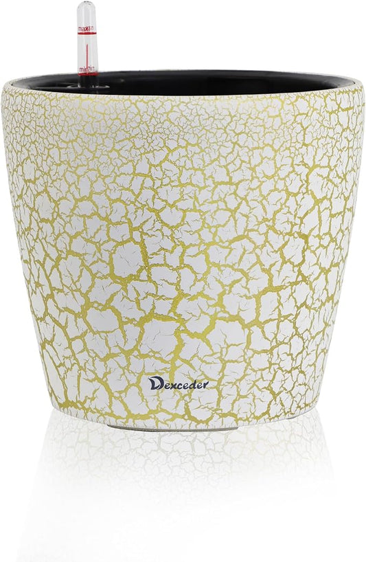 Dexceder 9x8 Self Watering Planter (White Gold Crackle) | Inner Pot Design, Thickened Table Flower Plant Pot with Water Level Indicator Indoor Outdoor