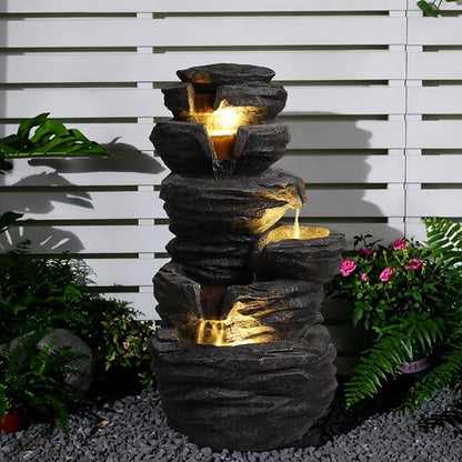 25.6" Outdoor Rock Water Fountain, Garden Water Feature, Outdoor Fountain with LED Lights, Multi Tier Cascading freestanding Water Fountain, Suitable for Patio Yard Porch Landscape, Black