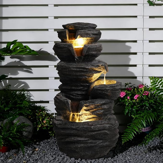 25.6" Outdoor Rock Water Fountain, Garden Water Feature, Outdoor Fountain with LED Lights, Multi Tier Cascading freestanding Water Fountain, Suitable for Patio Yard Porch Landscape, Black