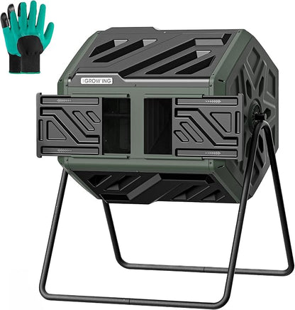 THE Growing 43 Gal Outdoor Compost Bin Tumbler for Backyard Garden, Green | Twin 21.5gal chambers match garden lawns. Pre-embedded nuts for fast setup. Durable resin deters pests and strong odors.