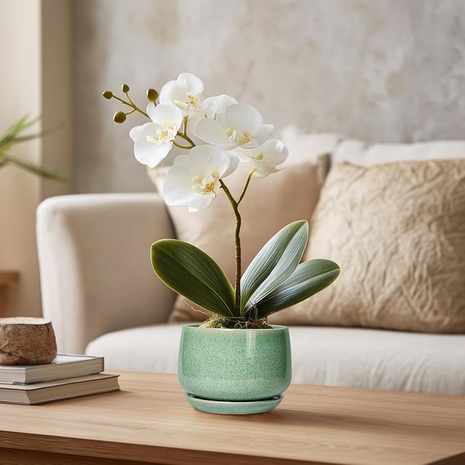 G EPGardening Ceramic Plant Pot - 4 inch Plant Pots with Drainage Hole & Saucer, Small Pots for Plant Indoor Outdoor, Modern Round Planter, Decorative Flower Pot, Room Decor, House Warming Gift, Green