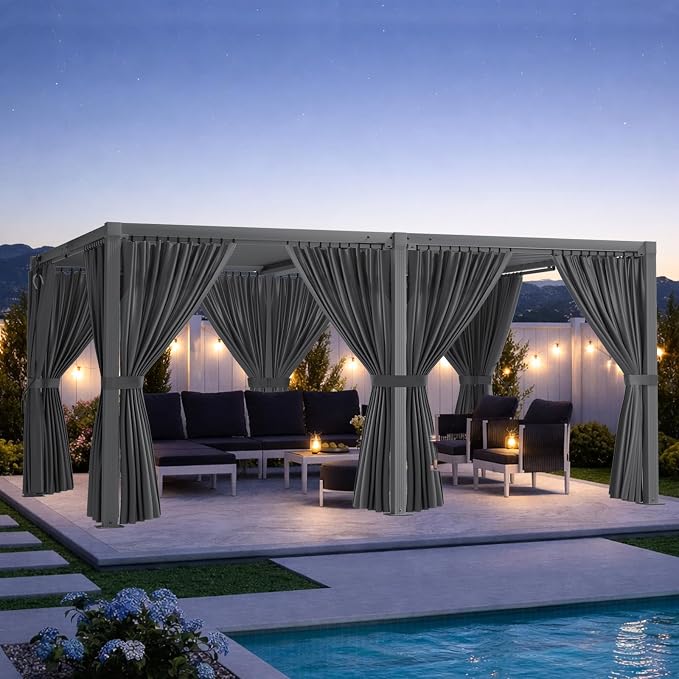 Louvered Pergola 12' x 16' with Waterproof Curtains, Outdoor Aluminum Pergola with Reinforced Steel Roof, Heavy-Duty Hardtop Gazebo, Privacy Shaded Shelter, Gray