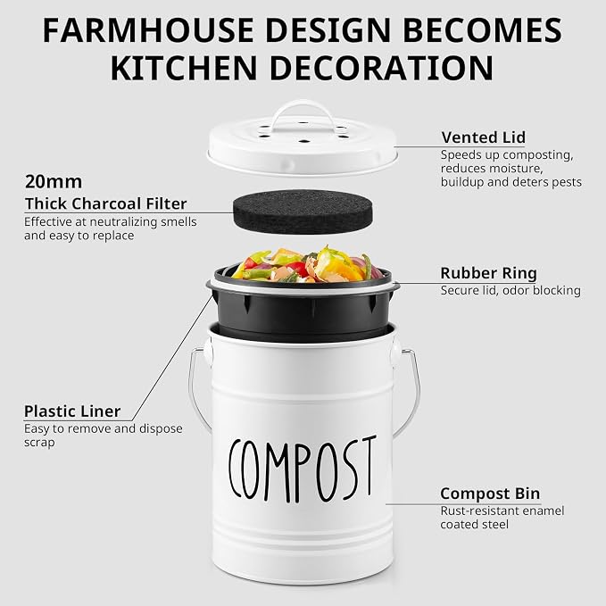 Kitchen Compost Bin, 1 Gallon Countertop Compost Bin with Lid, Indoor Compost Bucket, Includes Inner Bucket Liner and Carbon Filters, White