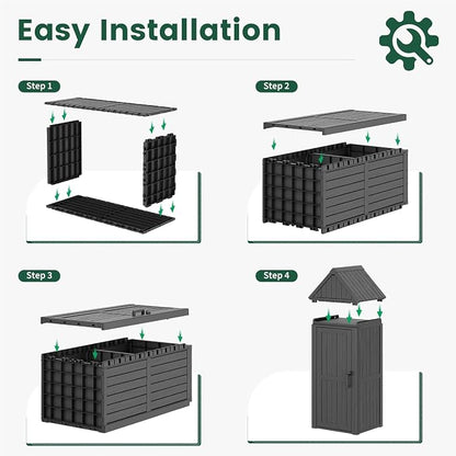 Bifanuo Deck Box Storage Shed Outdoor Storage Cabinet, Vertical Waterproof Resin Material Plastic Shed with Removable Shelves, 12 Hooks and Lock Ring for Garden, Pool and Patio (Black)