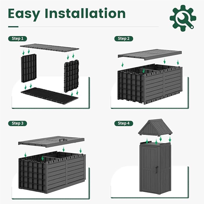 Bifanuo Deck Box Storage Shed Outdoor Storage Cabinet, Vertical Waterproof Resin Material Plastic Shed with Removable Shelves, 12 Hooks and Lock Ring for Garden, Pool and Patio (Classic Black)