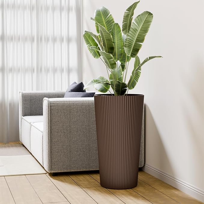 24" Tall Planters for Outdoor Plants,Large Outdoor Planters for Front Porch Decor with Drainage Hole, Flower Pots Fits Indoor Plants Patio/Garden, Plastic Striped Brown(2 Pack)