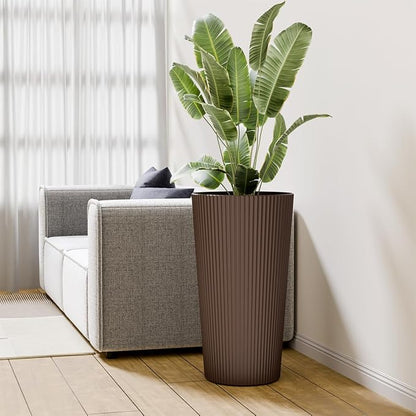 24" Tall Planters for Outdoor Plants,Large Outdoor Planters for Front Porch Decor with Drainage Hole, Flower Pots Fits Indoor Plants Patio/Garden, Plastic Striped Brown(2 Pack)