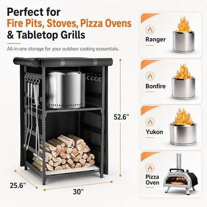 Hisencn Fire Pit Storage Station 4.5 ft for Solo Stove and Other Fire Pits, Outdoor Firewood Rack with Waterproof Cover, Adjustable Shelf Wood Storage Cabinet for Logs and Fire Pit Accessories