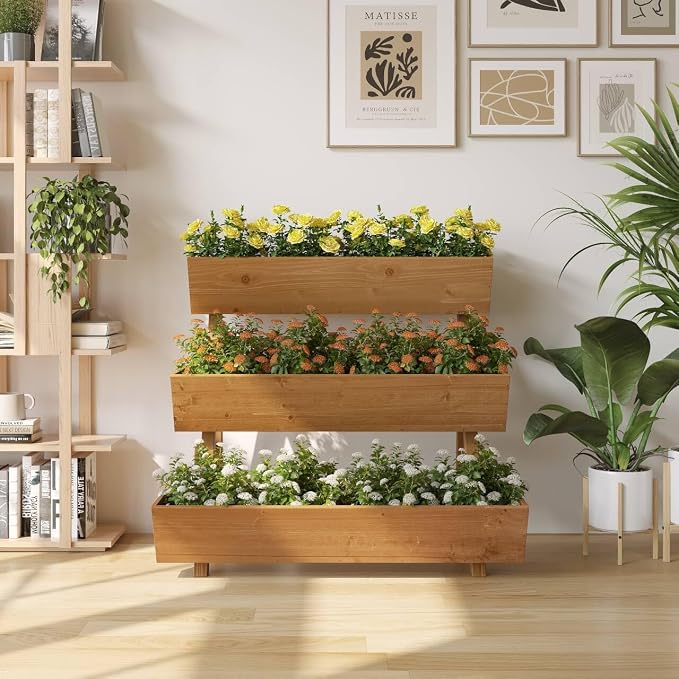 3-Tiers Wooden Raised Garden Bed Tiered Planter Box Flower Pots Vertical Garden Planter Wood Plant Stand for Vegetables Flowers Herbs for Patio, Balcony, Freestanding (Brown L)