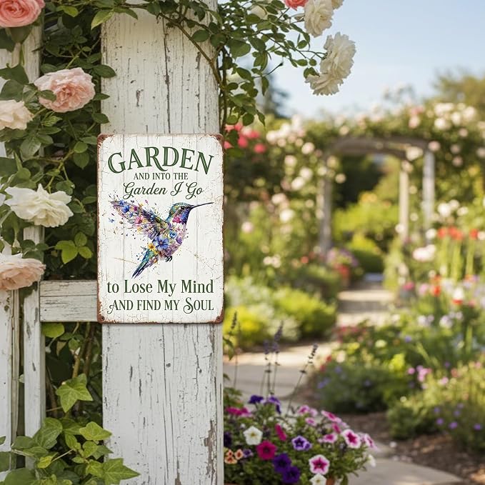 Garden Decor Sign Into the Garden I Go Hummingbird Wall Art | Garden Enthusiasts • Patio Porch Display • Garden Theme • Floral Hummingbird Design • UV Printed • 8x12 Inch
