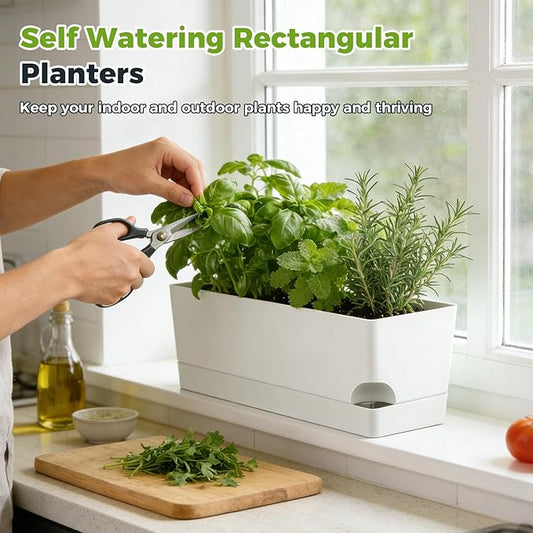 4 Pack Self Watering Pots for Indoor Plants 17 Inches Window Boxes Planters Rectangular Flower Pots Rectangle Herb Pots Large Plant Pots with Drainage Holes and Saucers Windowsill Planter, White