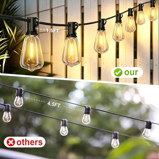 Achin 50FT Solar String Lights Outdoor with 32 LED Bulbs 1.5FT Bulbs Spacing,Patio String Lights Whith Remote, IP65 Waterproof, 3600mAm Battery (50FT 32Bulbs)